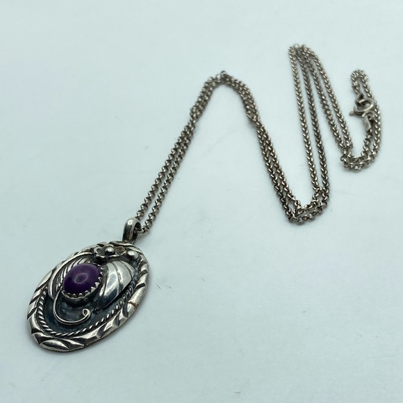 Vtg Navajo Sterling Silver Purple Mojave Mohave Stone Floral Necklace 22” +1.4” - Picture 7 of 12